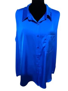 Skies Are Blue Curvy 1XL Sleeveless Button-Front Blouse - Bright Blue-NWOT
